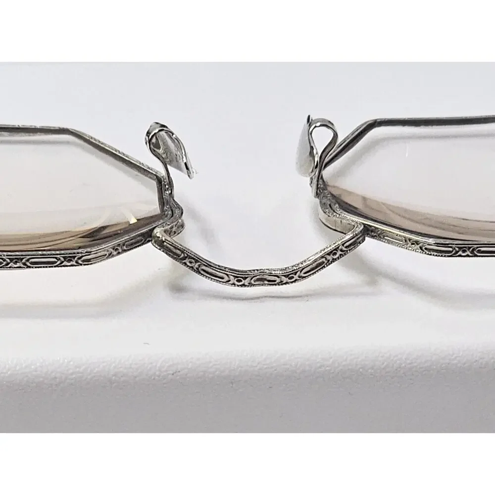 Art Deco Cortland White Gold Filled Octagon Framed Glasses - 10K White Gold Pads